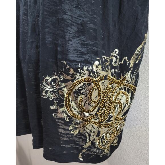 Fabulosity Black Gold Metal Studded Bodice Burnout Material Top 2X Lightweight - Picture 5 of 7